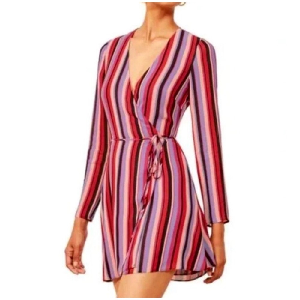 Reformation Pink Purple Striped Long‎ Sleeve Wrap Mini Dress Size Medium